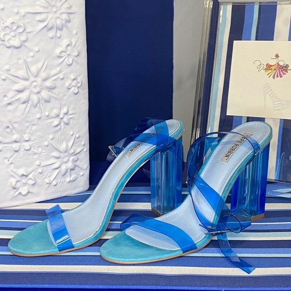 Fashion nova neon blue clear ankle strap square high heel sandals Sz 10 - Picture 7 of 15